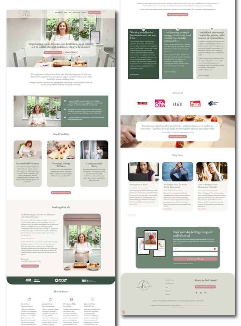 Deirdre Egan Nutrition Website homepage in 2 sections