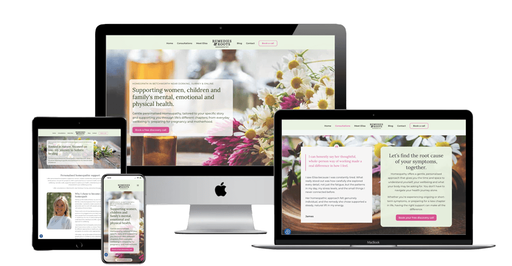 Remedies and Roots Homeopathy website mockups